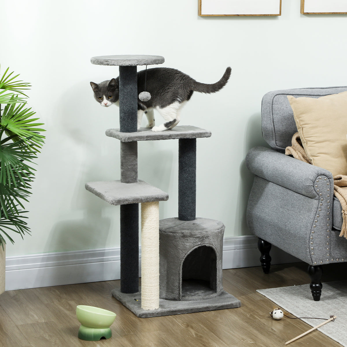 Arbre à Chat Hauteur 103 cm, Platesformes, Niche en Peluche, Balle en Peluche, Poteaux en Sisal, Base Renforcé, Gris