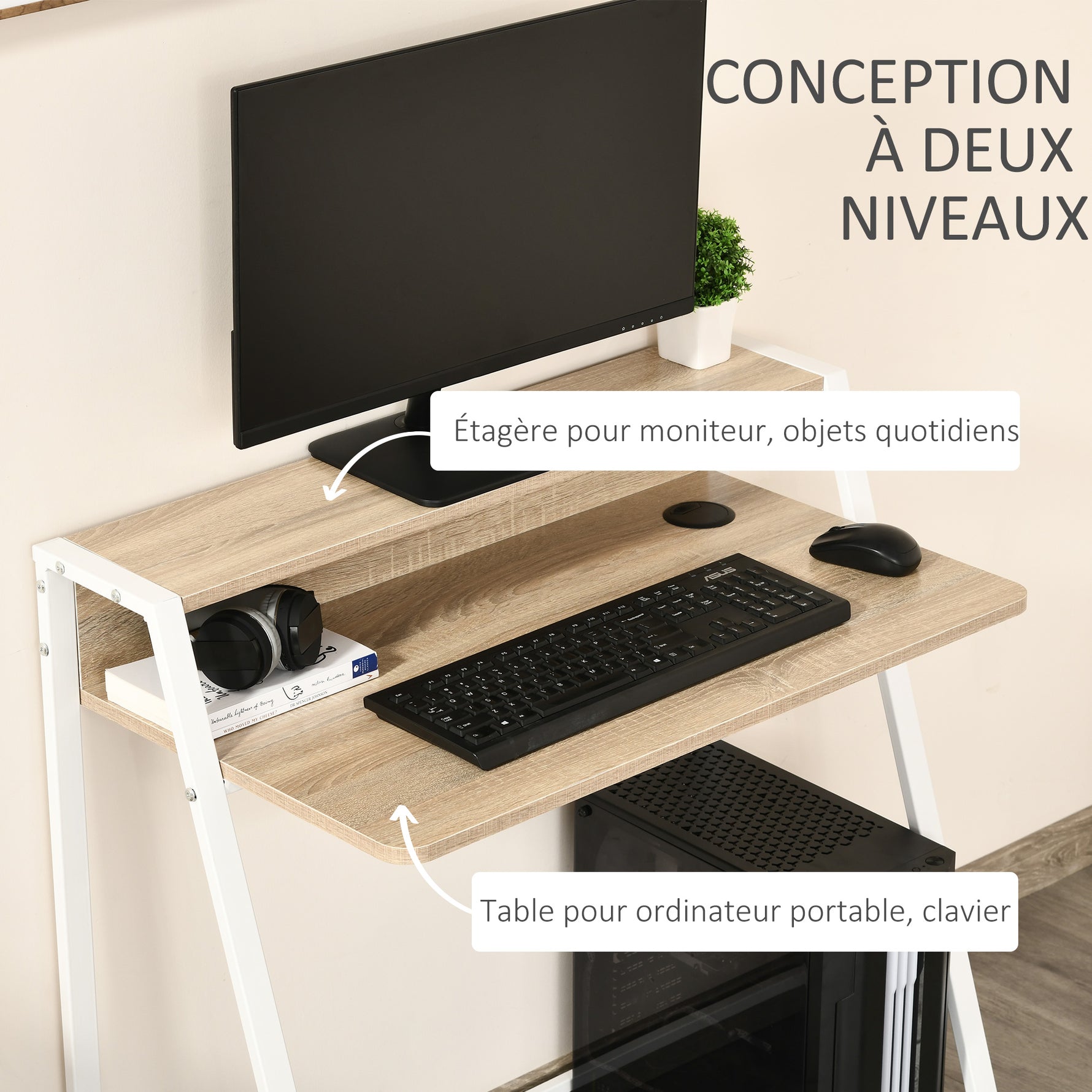 Bureau Informatique Table Ordinateur d'étude dim. 84L x 45l x 85H cm Style Simple en Bois chêne Clair Blanc