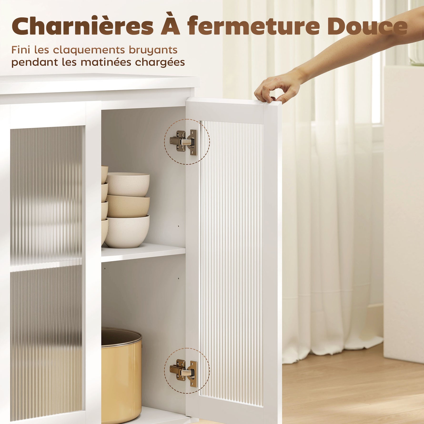 Buffet salon, meuble de rangement avec 4 tiroirs et 2 portes en verre trempé, étagère réglable, 120 x 40 x 91 cm, blanc