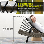 Chaise longue en résine tressé, bain de soleil avec dossier réglable 5 positions et appui-tête, 198 x 61 x 44 cm, gris