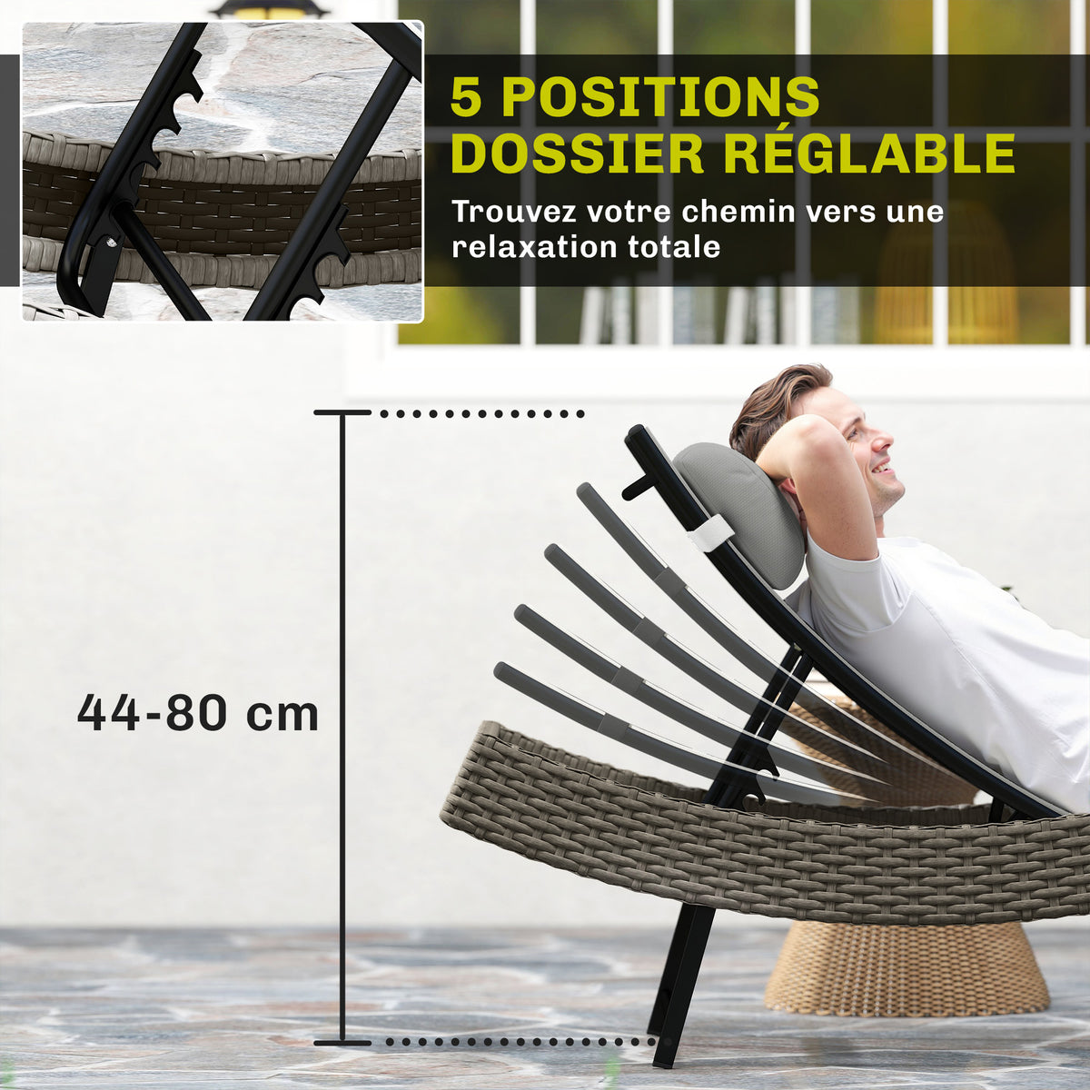 Chaise longue en résine tressé, bain de soleil avec dossier réglable 5 positions et appui-tête, 198 x 61 x 44 cm, gris