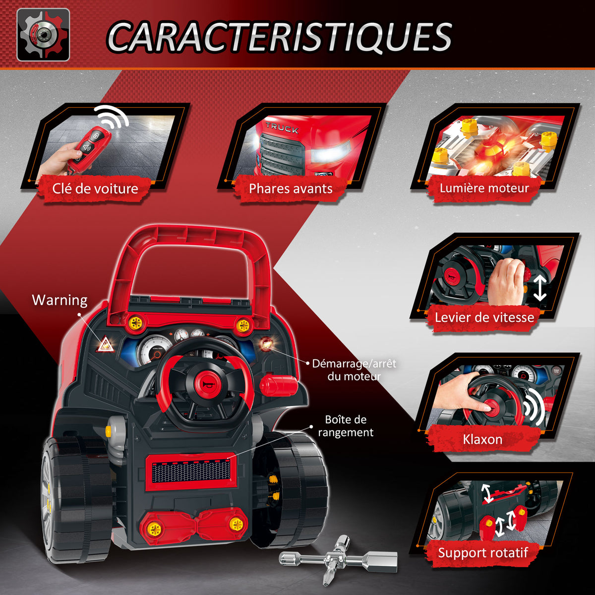 Camion mécano 2 en 1 - Jouet Bricolage Enfant - Établi Enfant - Jeu d'imitation mécanicien - Nombreux Accessoires Total de 61 pièces - Effets sonores et Lumineux - PP ABS Rouge