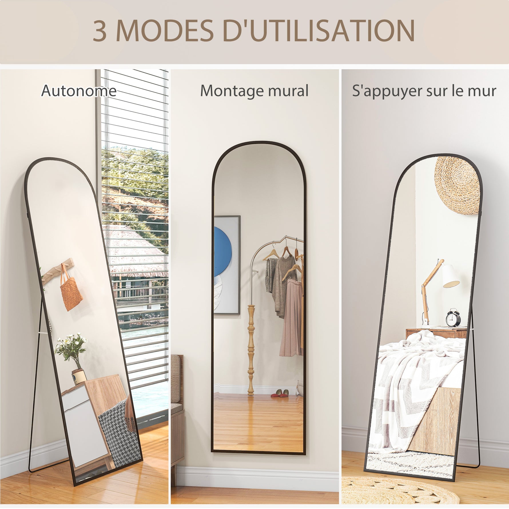 Miroir sur pied rectangulaire arrondi cadre en aluminium avec support pour entrée chambre dressing 50 x 161,5 cm noir