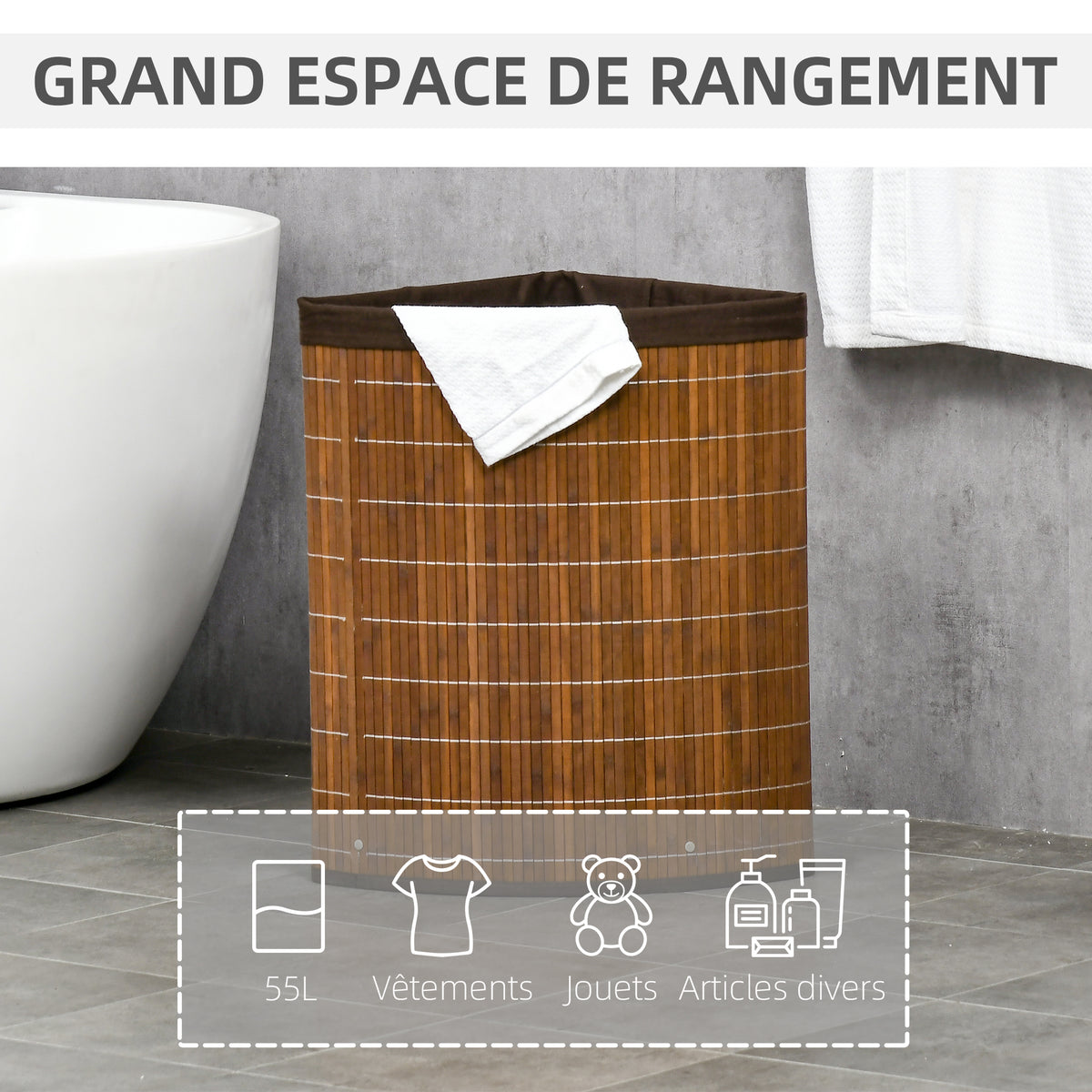 Panier à linge en bambou d'angle 55L avec couvercle et sac amovible 38 x 38 x 57 cm marron