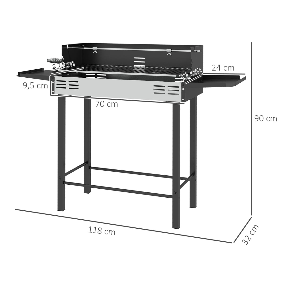 Barbecue charbon de bois BBQ avec grille de gril à 3 niveaux et étagères latérales pliables, 118 x 32 x 90 cm, noir