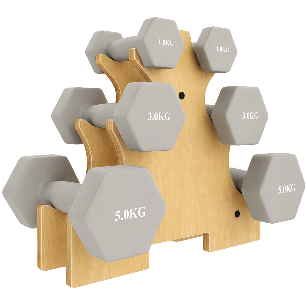 3er-Set Hexagon-Kurzhanteln, rutschfest, 18 kg, Gusseisen mit PVC-Beschichtung, inklusive Holzständer, hellgrau