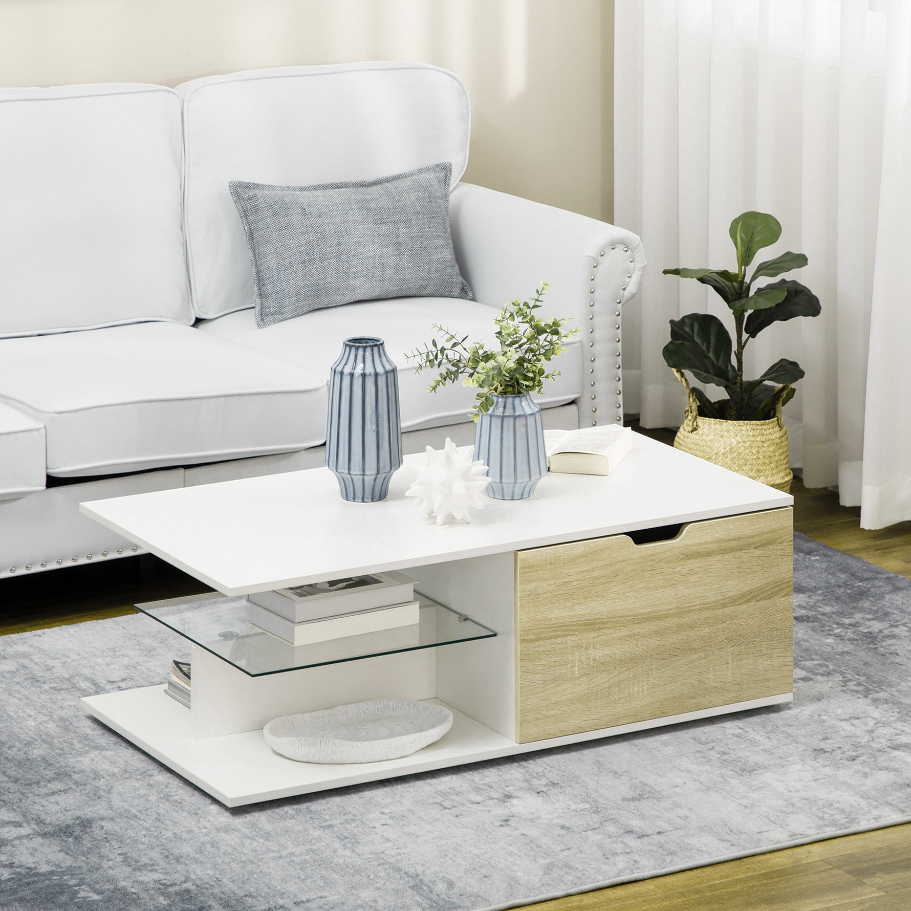 Table basse rectangulaire design contemporain 2 tiroirs 2 niches étagère verre trempé panneaux blanc aspect chêne clair