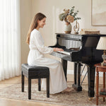 Banquette tabouret siège pour piano coffre intégré hauteur réglable bois hévéa assise revêtement synthétique noir