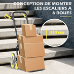 Diable d'escalier pliable 120 kg 6 roues, diable demenagement en acier avec cordes télescopiques, 44x67x106,5cm, jaune