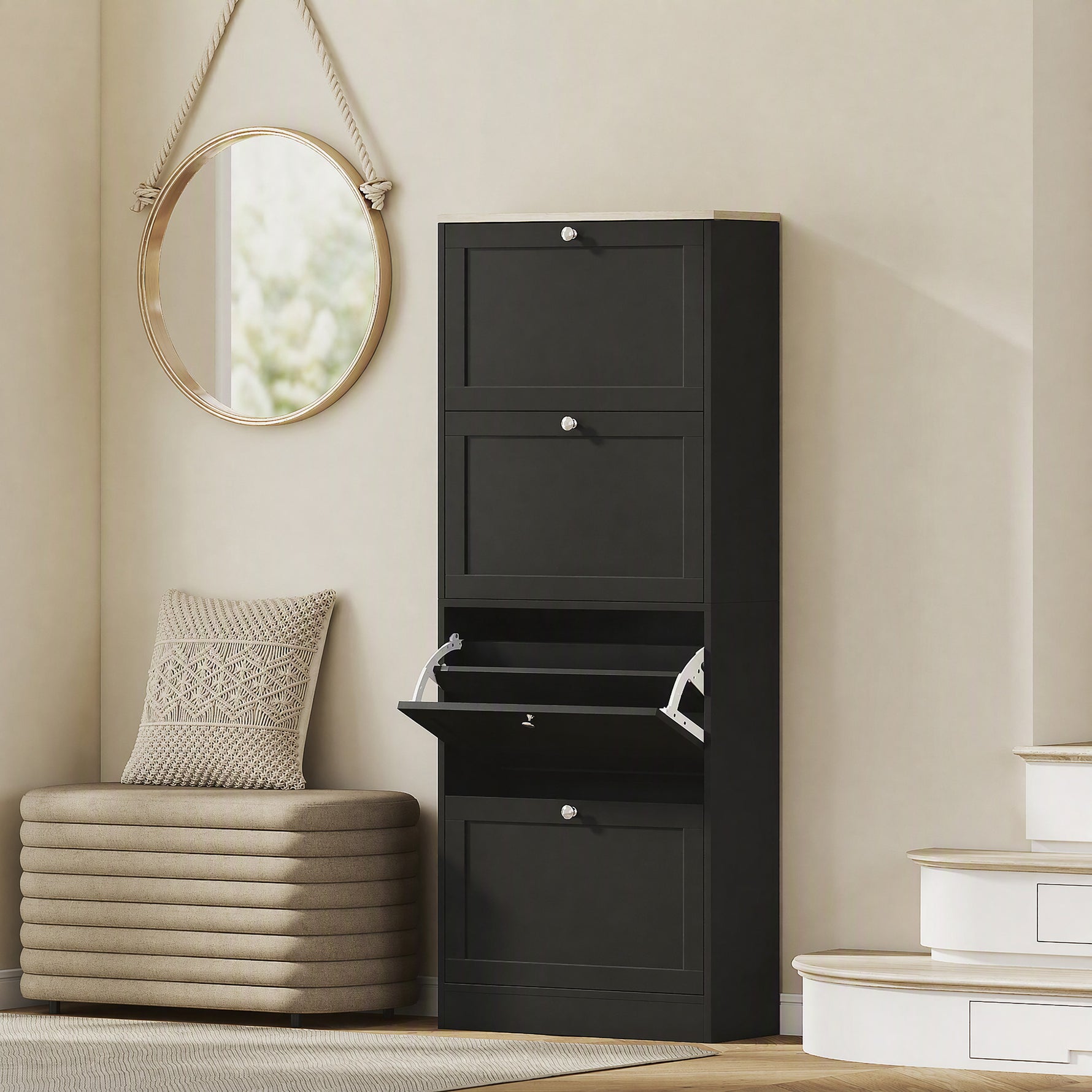 Meuble à chaussures 24 paires, armoire à chaussures avec 4 tiroirs rabattables, étagères réglables, 60x23,5x153cm, noir