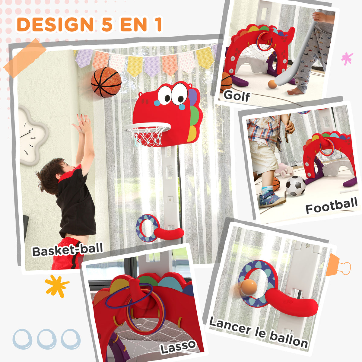 Panier de basket-ball pour enfants, hauteur réglable, 5 en 1 lancer de balles, golf, football jeu de lasso, 3-6 ans