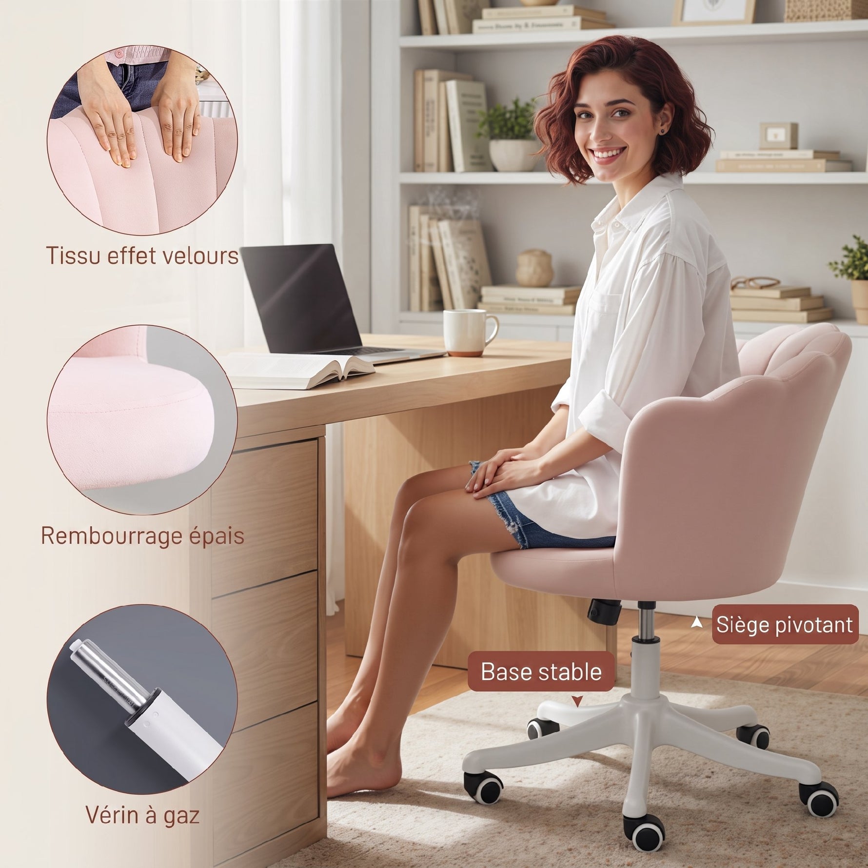 Chaise bureau en velours, chaise coiffeuse avec dossier en pétale, hauteur réglable, 69 x 64 x 80-90 cm, rose