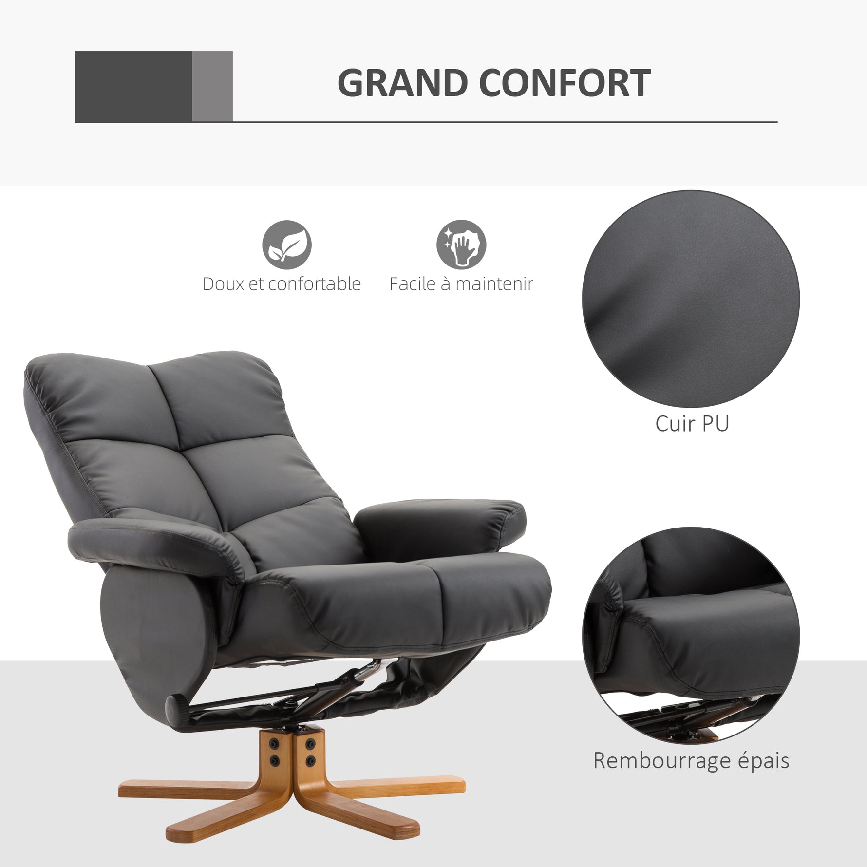 Fauteuil relax avec repose-pied, fauteuil de relaxation en PU, pivotant à 360°, dossier inclinable, assise et dossier rembourrés, rangement caché, pour salon, chambre, home cinéma, noir