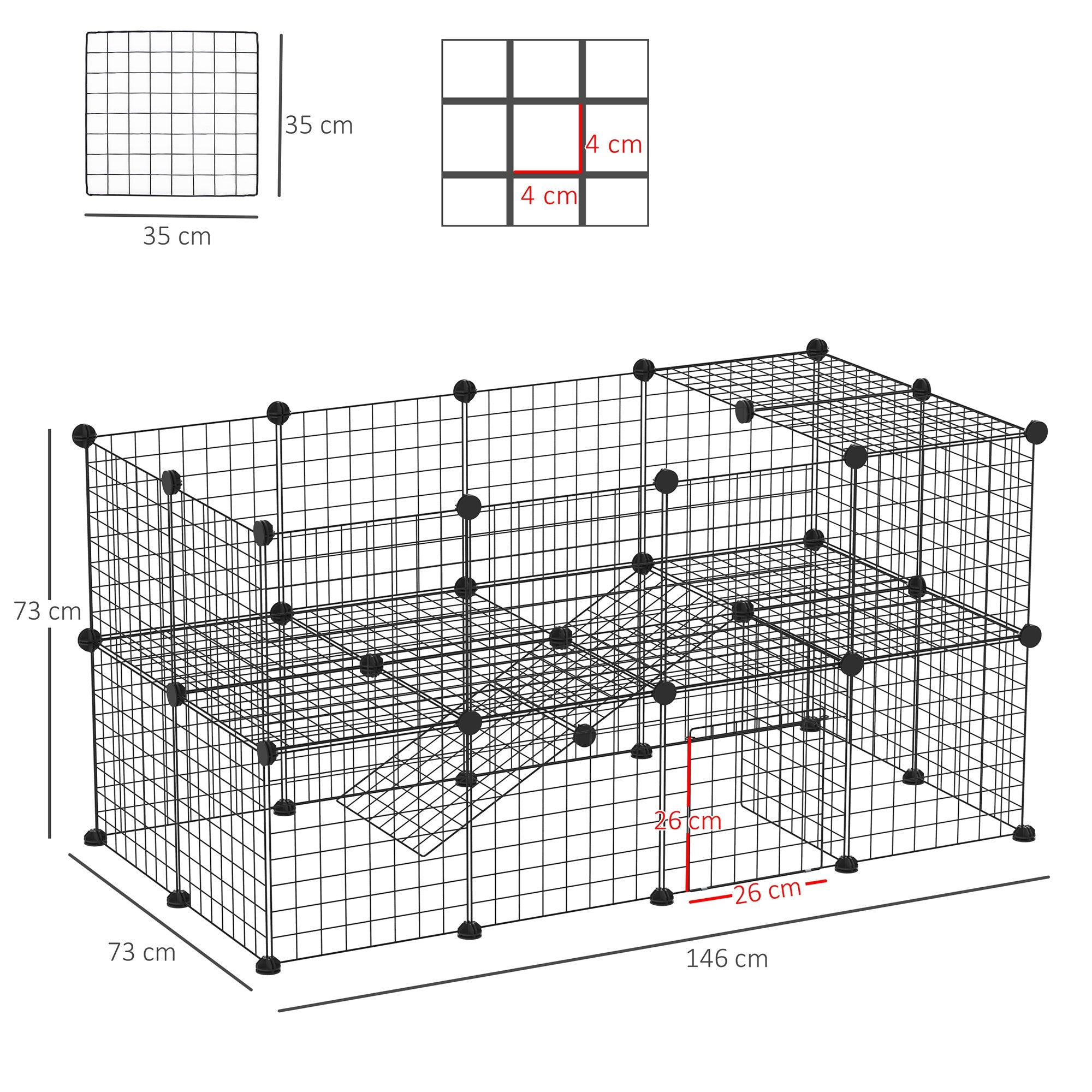 Cage parc clôture pour animaux domestiques enclos pour petits animaux 146 x 73 x 73 cm modulable 2 niveaux 36 panneaux bords arrondis fil en acier noir