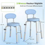 Tabouret de Douche Ronde Pivotant 360°, Hauteur Réglable, Dossier, Pieds Antidérapants, 38,5x37,5x75cm, Bleu Clair