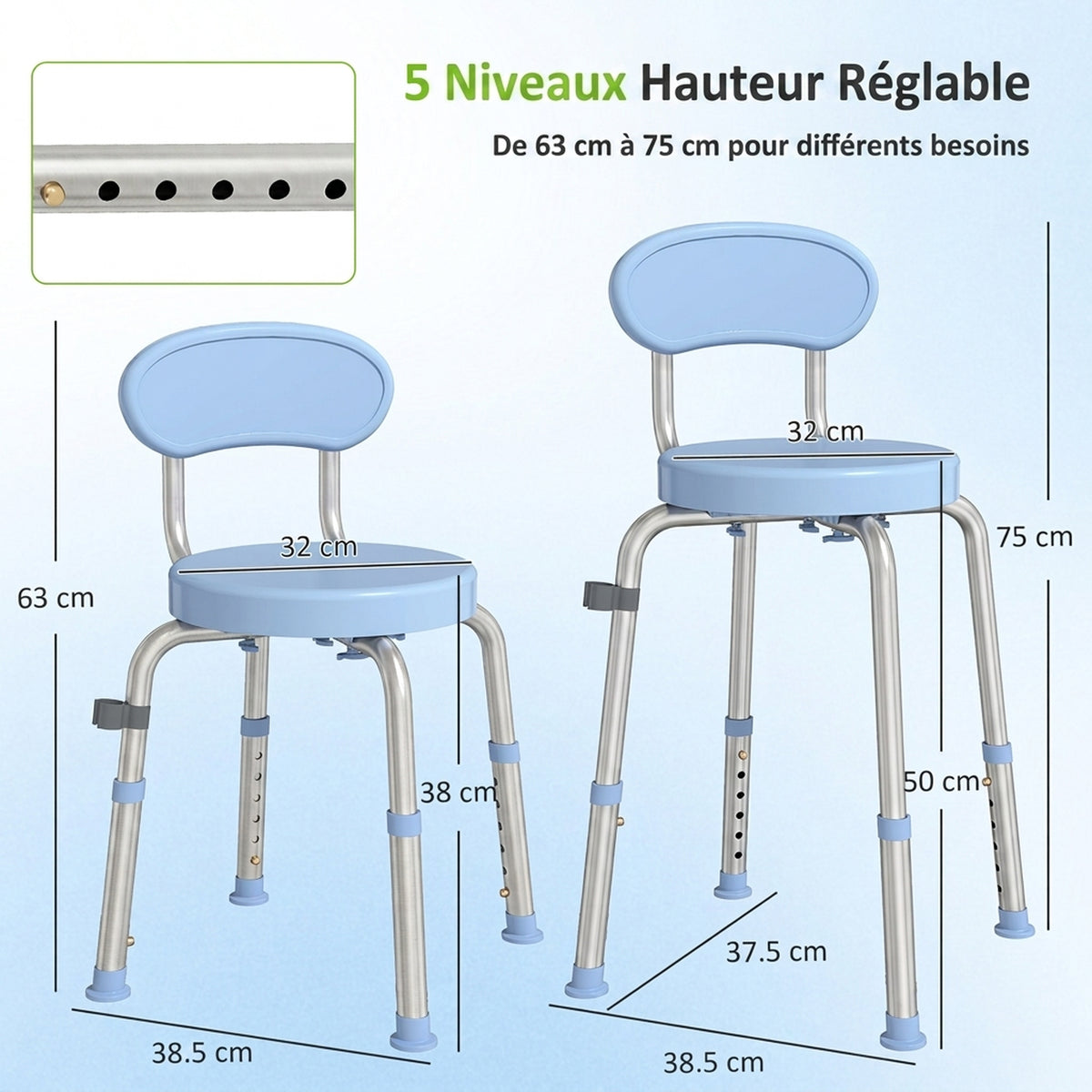 Tabouret de Douche Ronde Pivotant 360°, Hauteur Réglable, Dossier, Pieds Antidérapants, 38,5x37,5x75cm, Bleu Clair