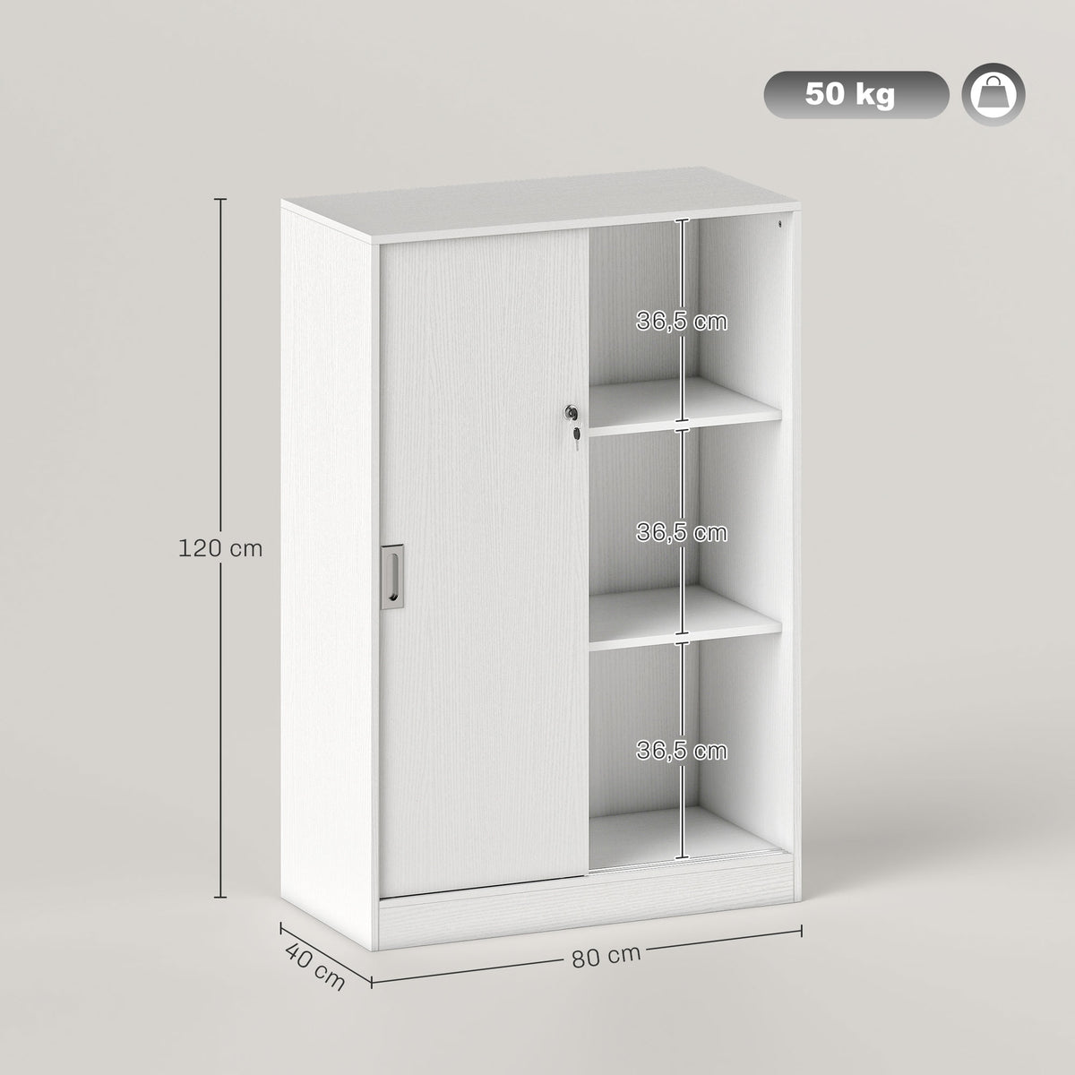 Armoire de Bureau 2 Portes coulissantes verrouillables dim. 80L x 40l x 120H cm 2 étagères en Bois Blanc