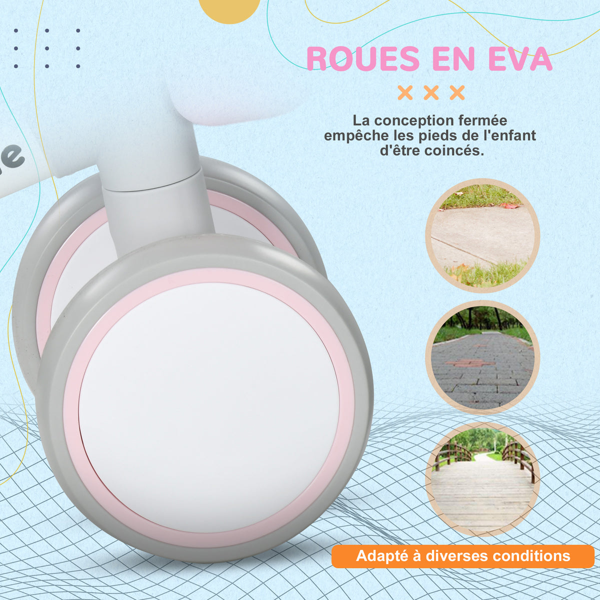 Draisienne vélo Enfant 4 roues selle réglable, guidon ergonomique alliage alu. PP, enfant 1 à 3 ans - Gris Blanc Rose