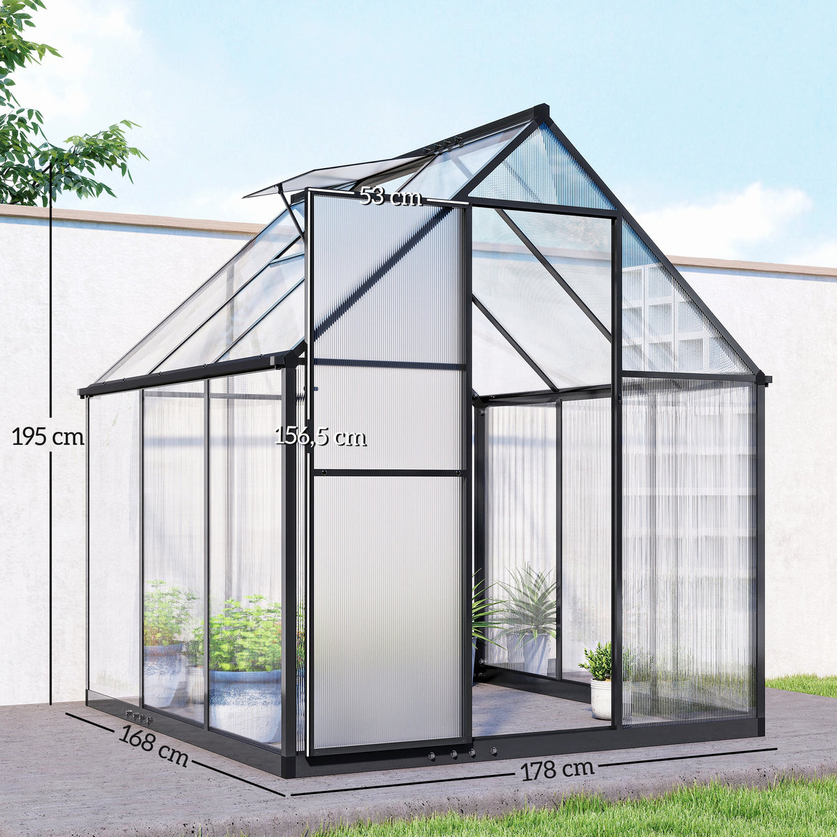 Serre de Jardin en Aluminium Polycarbonate, Montage Rapide, Fenêtre Réglable, Porte Battante, 178x168x195cm, Transparent