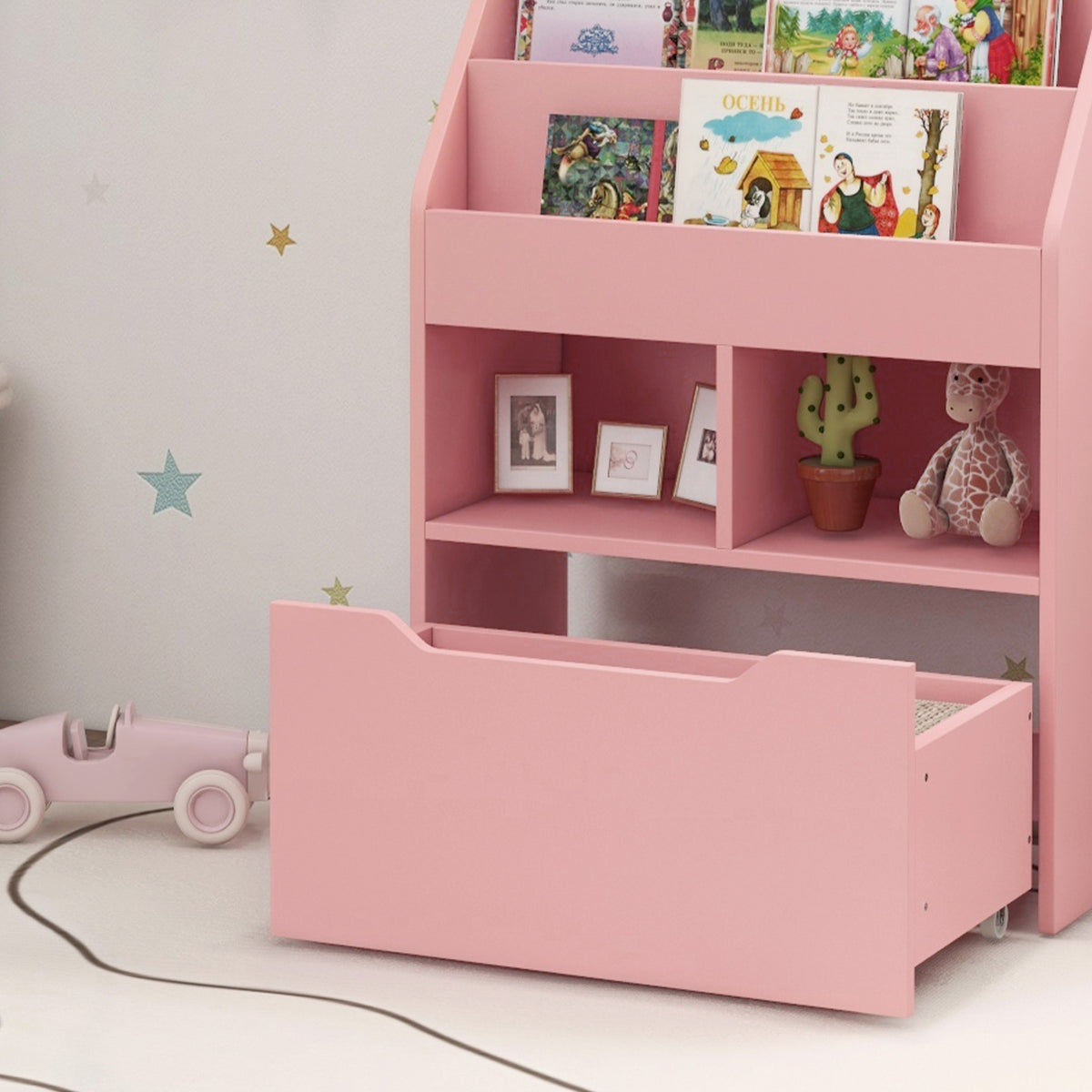 Bibliothèque étagère Multi-Rangement 3 étagères 2 niches Grand tiroir en bois Rose