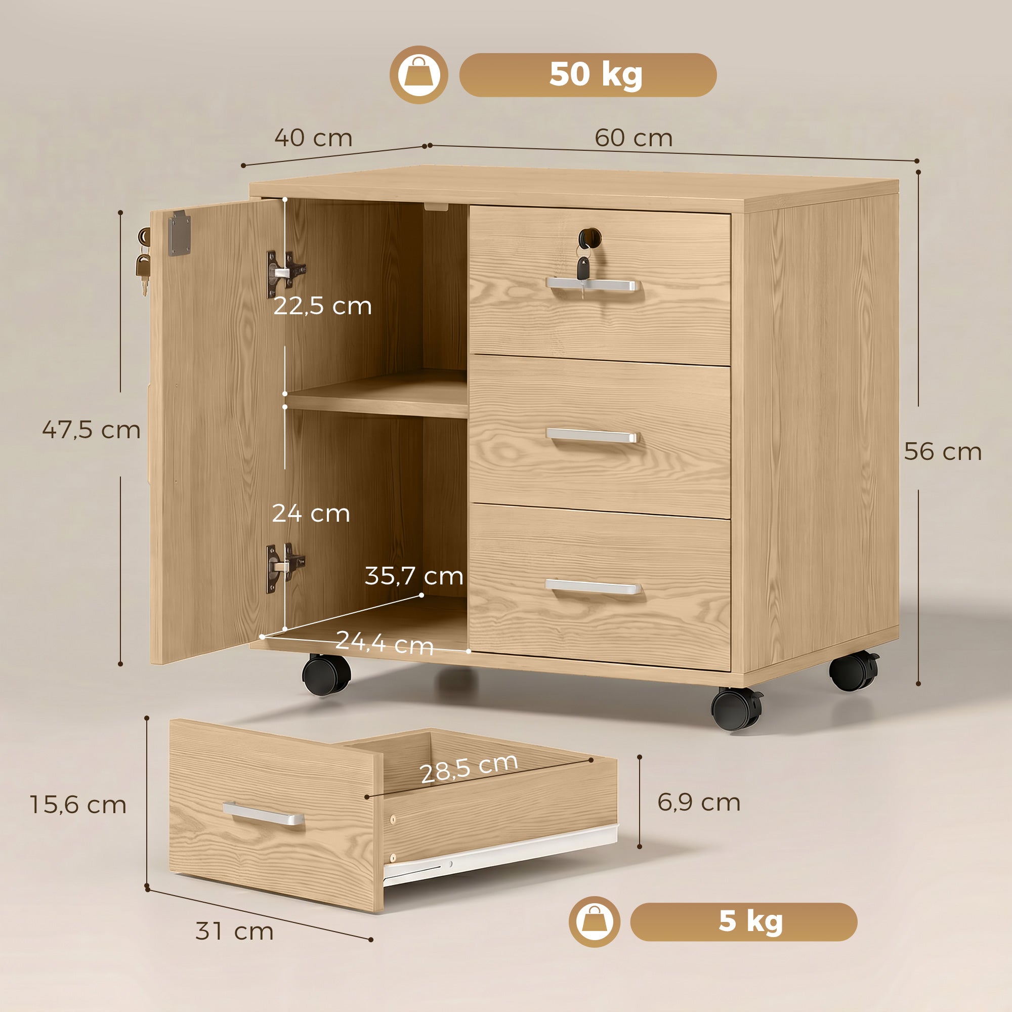 Caisson bureau meuble de rangement verrouillable avec 3 tiroirs et étagère réglable, roulettes, 40 x 60 x 56 cm, marron clair