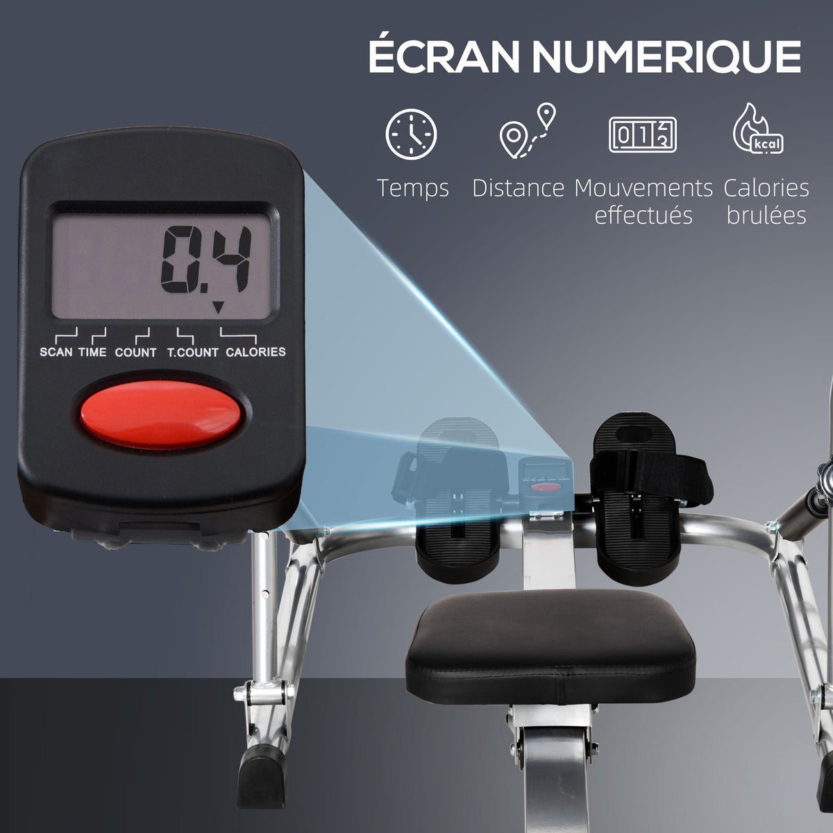 Rameur d'appartement pliable - Collaboration .fr x FFHandball - 3 niveaux de résistance écran multifonction, acier