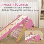 Triangle d'escalade enfants 8 en 1 avec rampe double face, arc d'escalade en bois avec toboggan & échelle, rose
