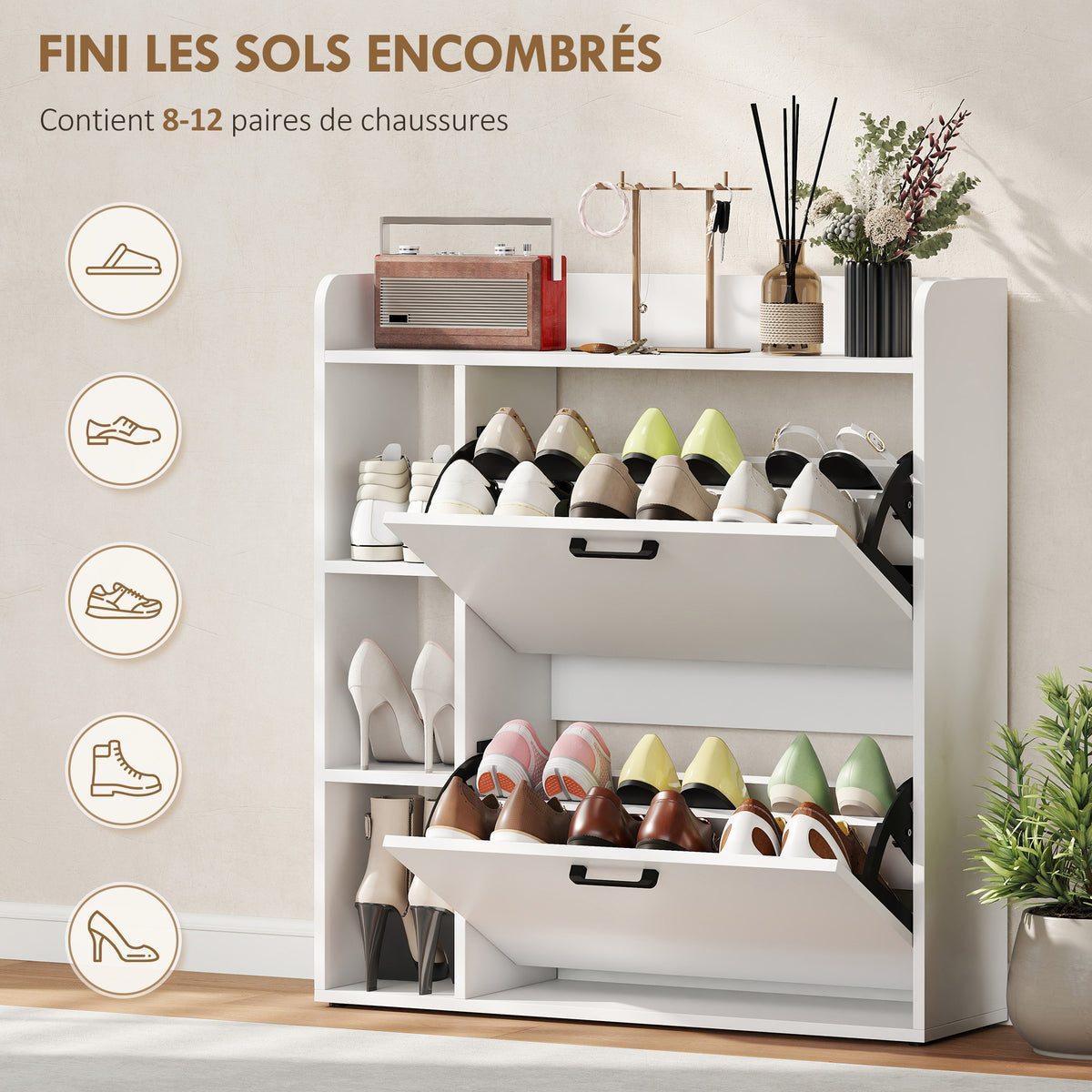 Meuble à chaussures 15 paires, armoire à chaussures moderne avec 2 tiroirs rabattables, 83x24x90,5cm, blanc