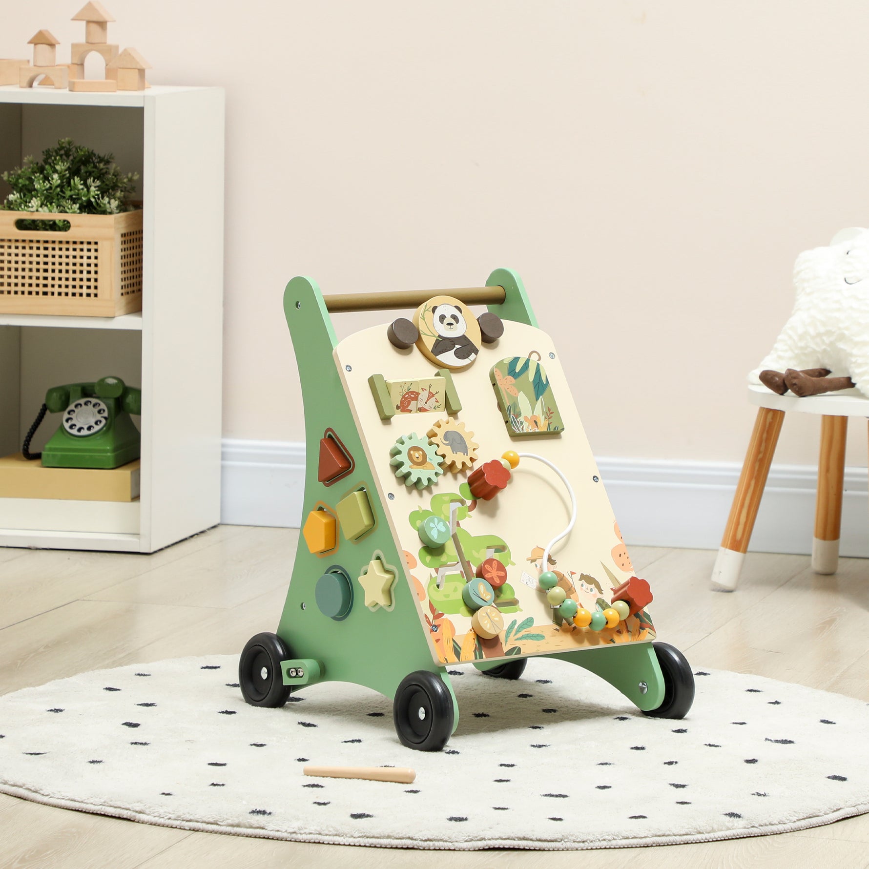 Trotteur en bois pour bébé 18+ mois, chariot de marche, contrôle de vitesse, centre d'activités, 33,5x36x46,8cm, vert