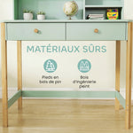 Bureau enfant en bois, bureau avec rangement, 2 tiroirs et 3 compartiments ouverts, plateau large, 90x52x105cm, vert