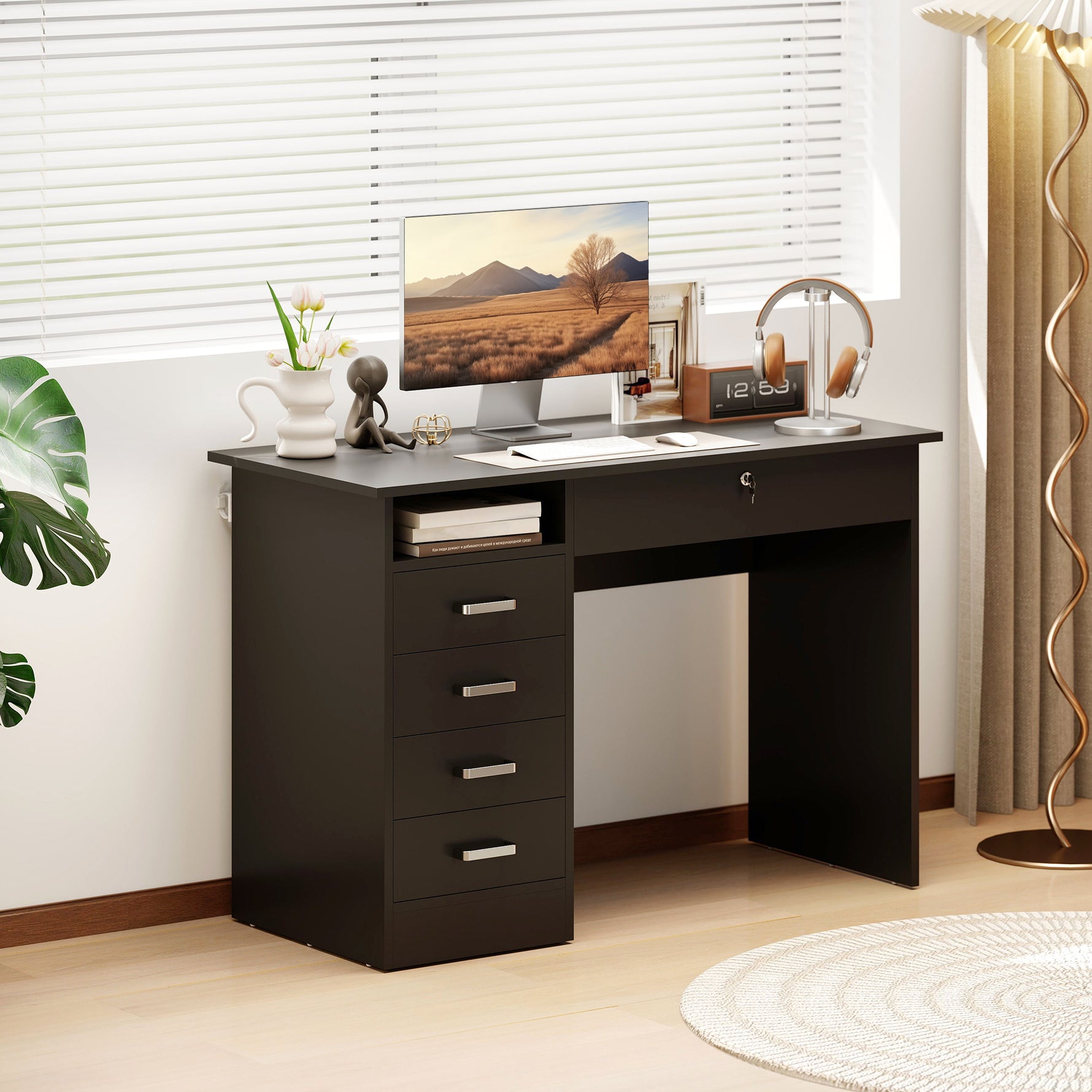 Bureau moderne avec 5 tiroirs, grand plateau, 1 compartiment ouvert, tiroir verrouillable, 110 x 50 x 76cm, noir