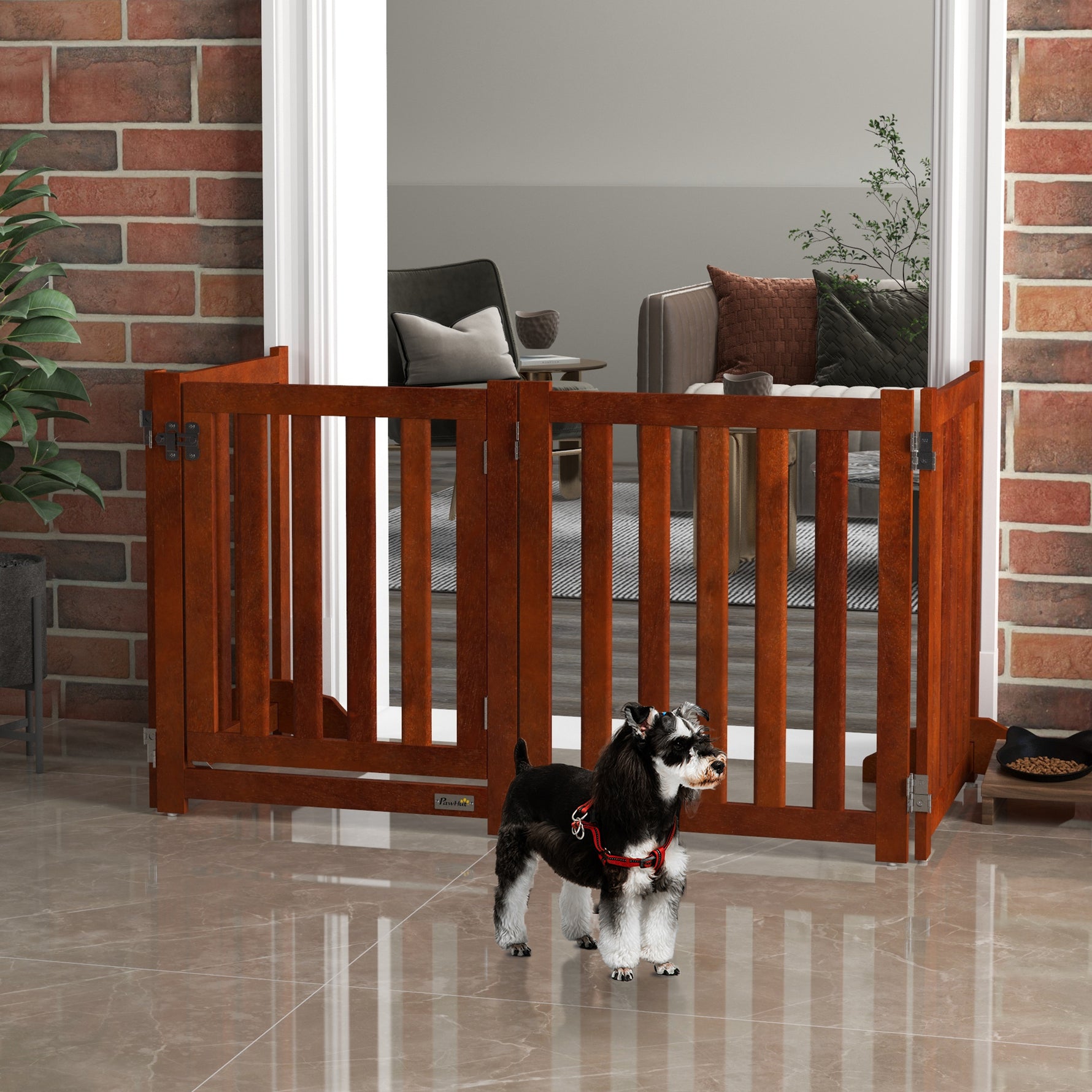 Barrière de sécurité chien pliable double face en bois, 4 panneaux avec porte, pieds de support, 205 x 60 cm, marron
