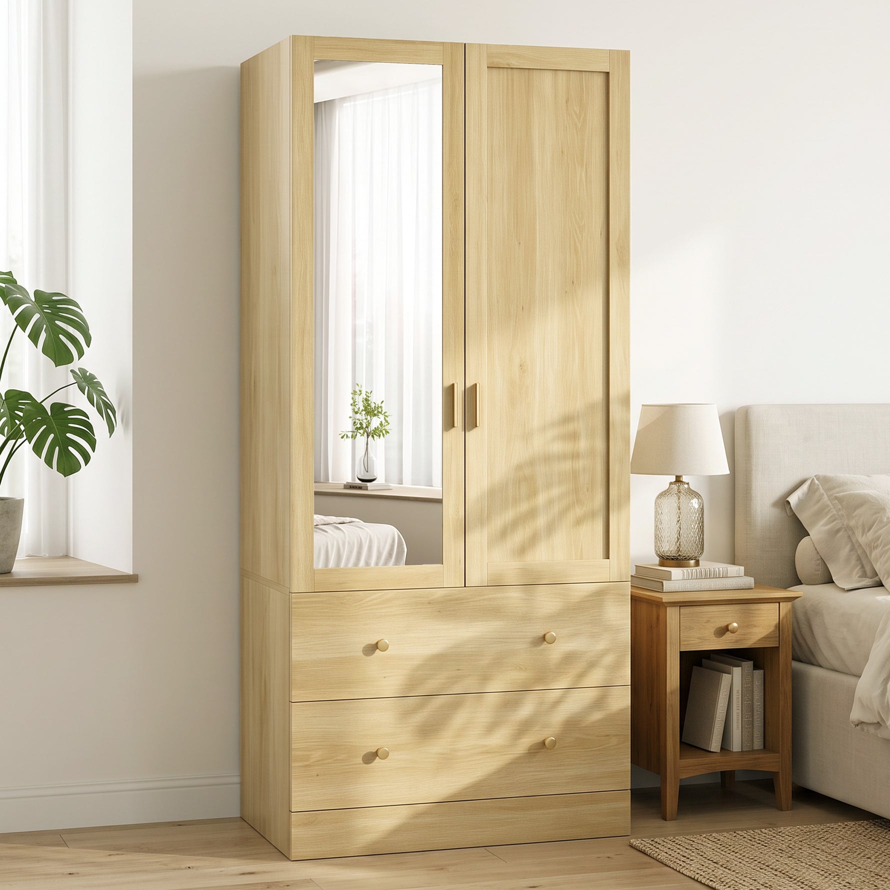 Armoire chambre penderie avec miroir, 2 portes, 2 tiroirs et barre de suspension, 80 x 50 x 180 cm, chêne