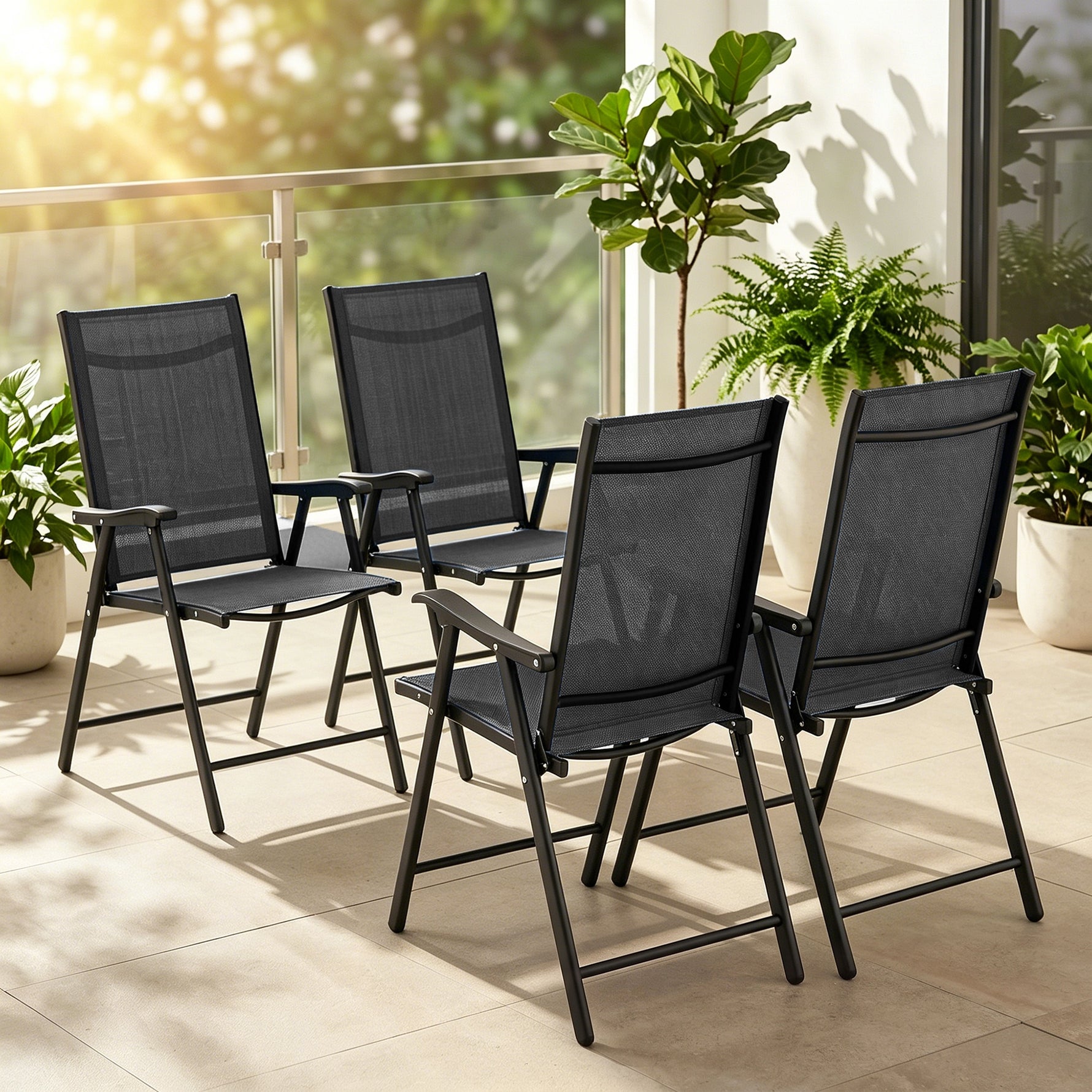 Lot de 4 Chaises de Jardin Pliantes Structure Acier Robuste sans Montage Dossier Haut Ergonomique 58x62x97cm Noir