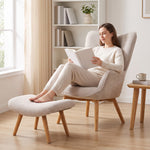 Fauteuil avec repose pied, dossier haut, pieds en bois et tissu aspect velours côtelé, pour salon chambre à coucher beige