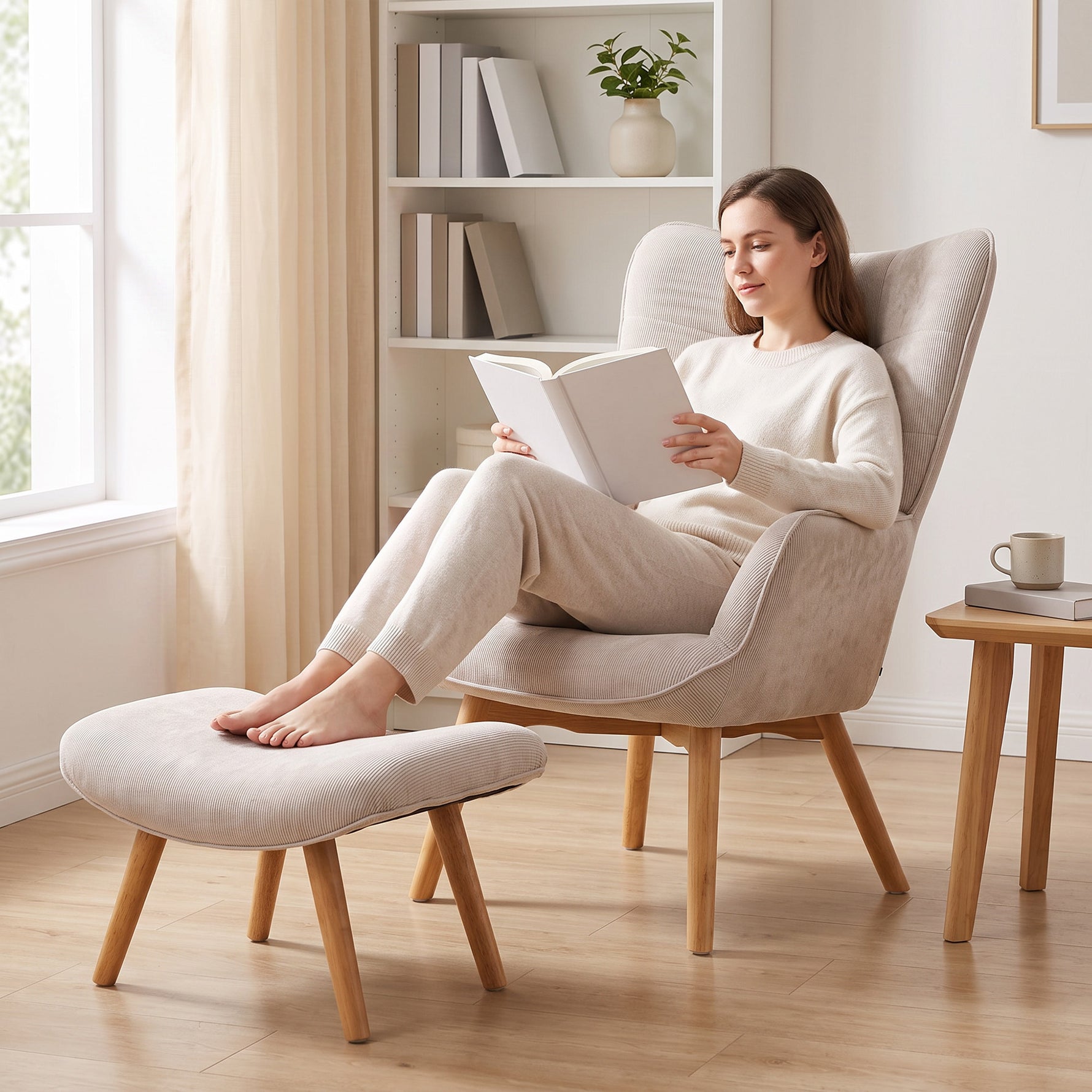 Fauteuil avec repose pied, dossier haut, pieds en bois et tissu aspect velours côtelé, pour salon chambre à coucher beige