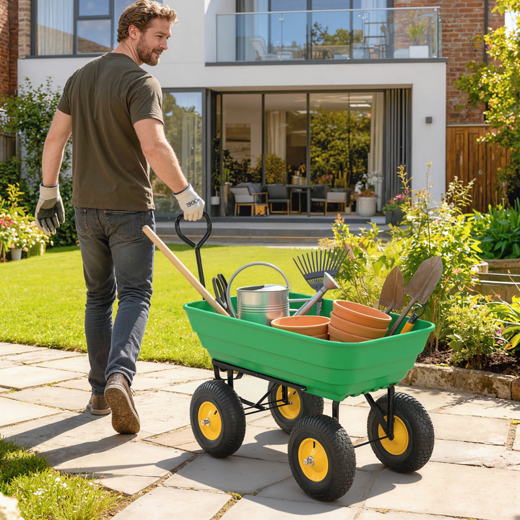 Chariot de Jardin à Main Benne basculante 75° 75L Charge Max. 200 Kg 4 Roues pneumatiques Acier PP Jaune Vert