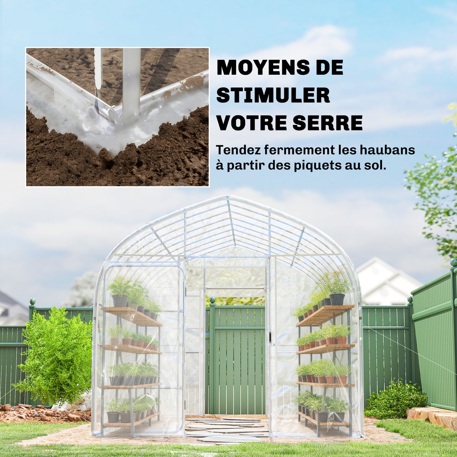 Serre Tunnel de Jardin 12m² Film PO Anti-goutte Acier Galvanisé 25mm Structure Renforcée 2 Portes Battantes Transparent