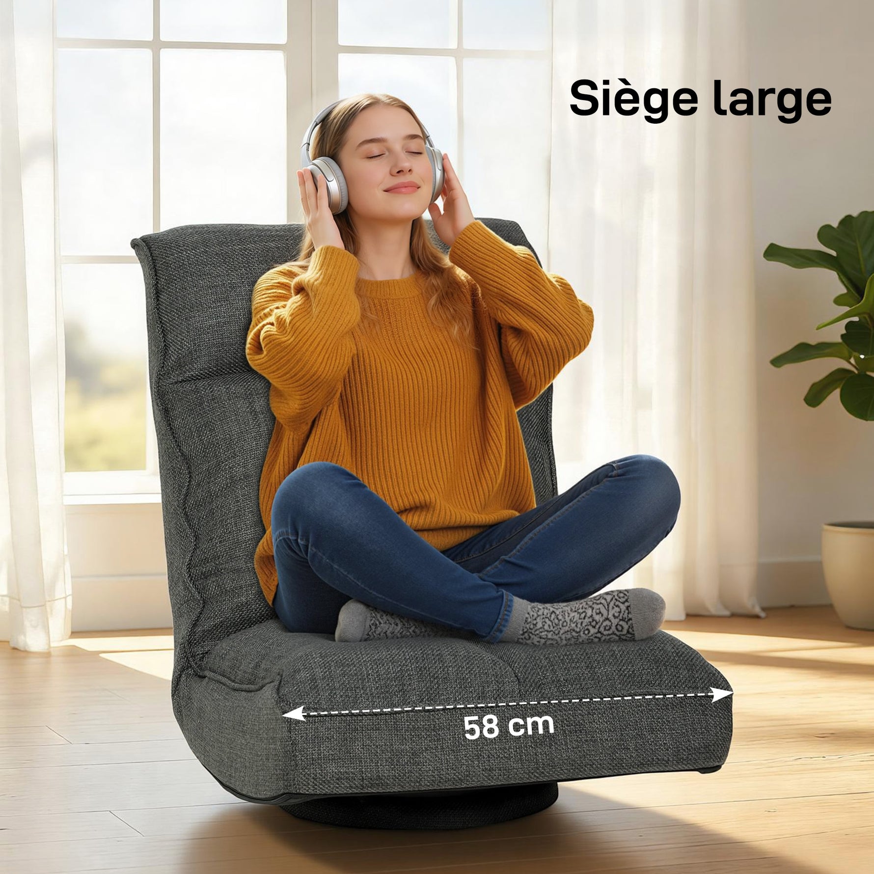 Fauteuil de sol pliable pivotant à 360°, chaise de sol rembourré avec dossier réglable en 5 positions, 58x107x79cm, gris