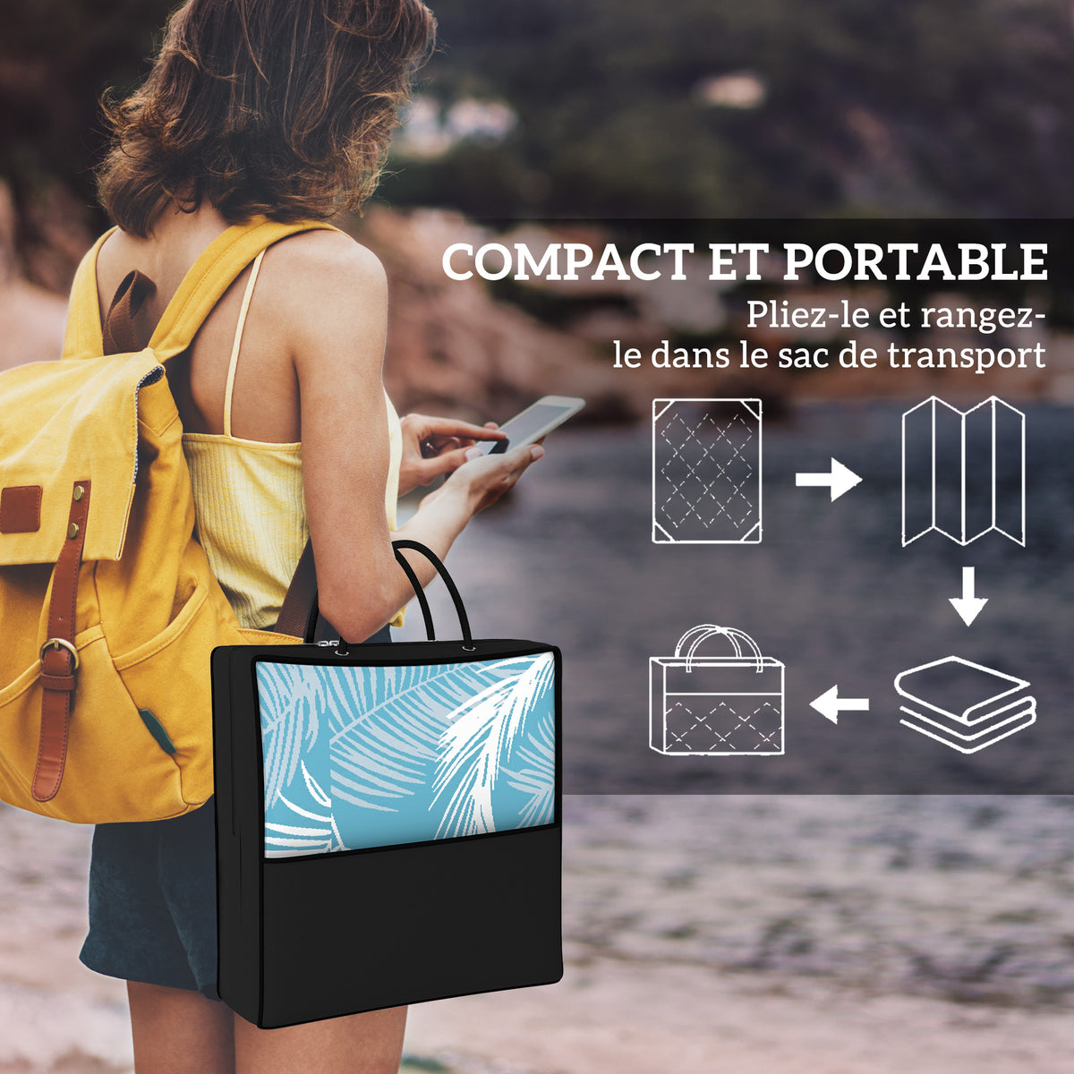 Tapis d'extérieur réversible 274x182 cm, tapis de sol en PP résistant aux intempéries, sac de transport, bleu