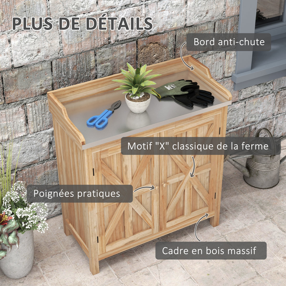 Table de rempotage armoire de rangement avec 2 étagères, plateau galvanisé patins antidérapants en bois sapin