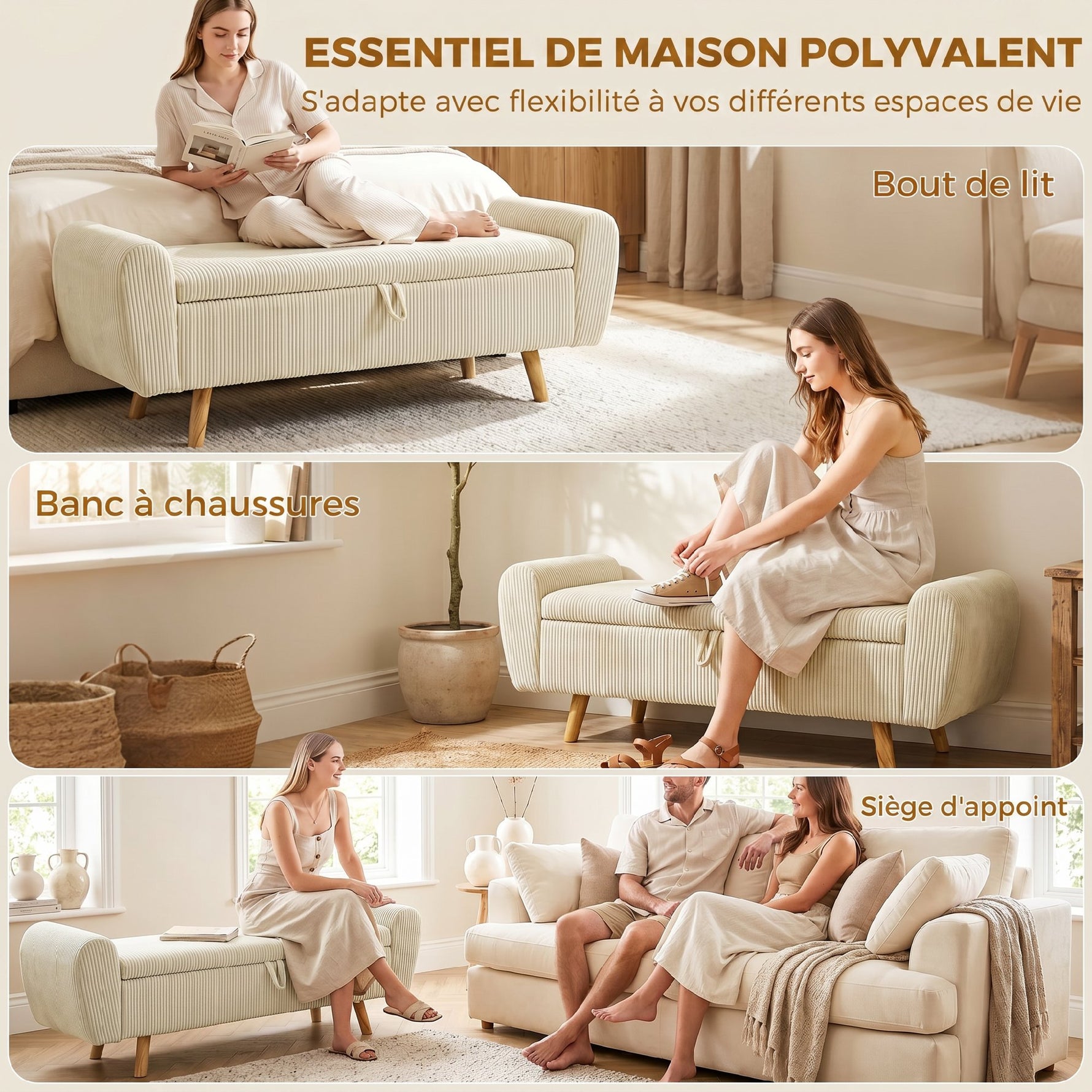Banc de rangement 73 L, coffre de rangement rembourré en velours côtelé avec accoudoirs et pieds en bois d'hévéa, beige