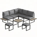 Salon de jardin extérieur 6 personnes modulable table basse et plateaux latéraux en bois PSPC coussins épais 10cm gris