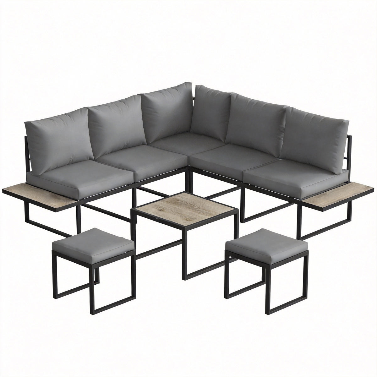 Salon de jardin extérieur 6 personnes modulable table basse et plateaux latéraux en bois PSPC coussins épais 10cm gris