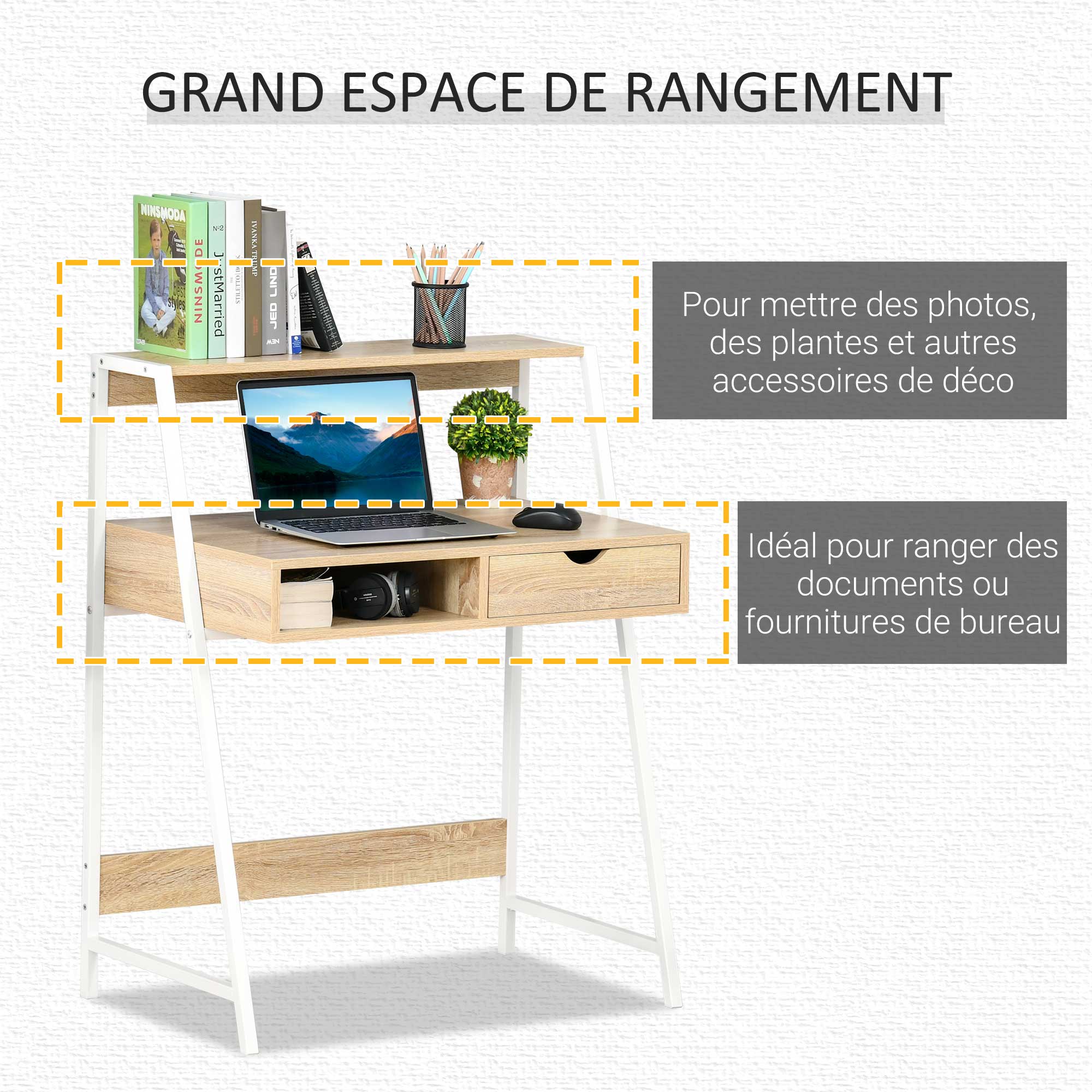 Bureau secrétaire Bureau Informatique Style néo-rétro tiroir Niche étagère métal blanc, aspect chêne clair