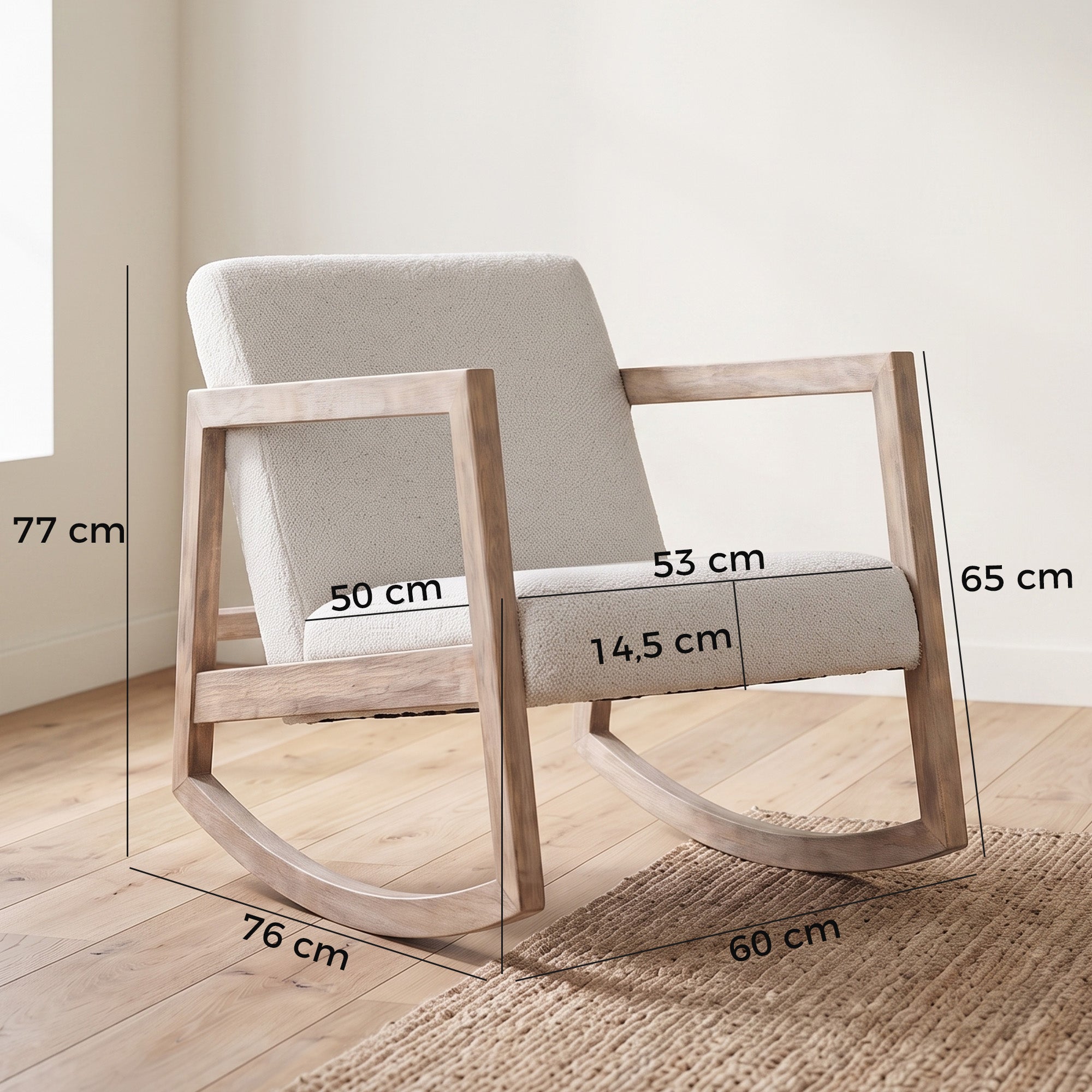 Rocking chair, nursing chair in boucle-effect fabric with solid wood legs