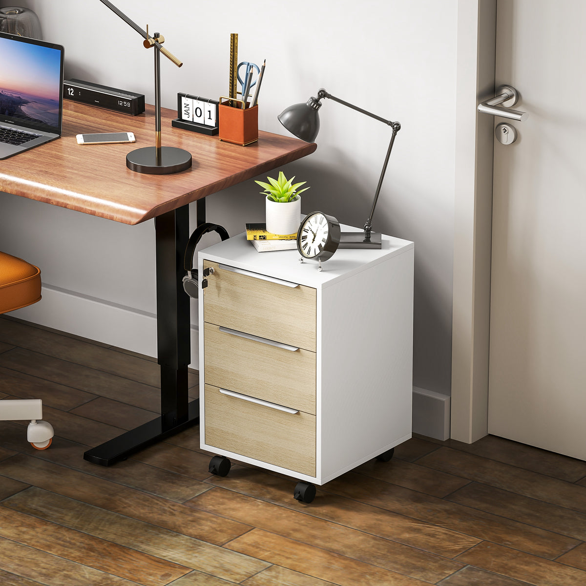 Cassettiera da ufficio con ruote a 3 cassetti e serratura, mobile contenitore da ufficio su ruote, 40 x 40 x 63,5 cm, rovere