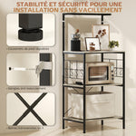 Étagère de cuisine, support pour micro-ondes, avec panneau grillagé, 8 crochets, 60 x 42 x 134,5 cm, chêne