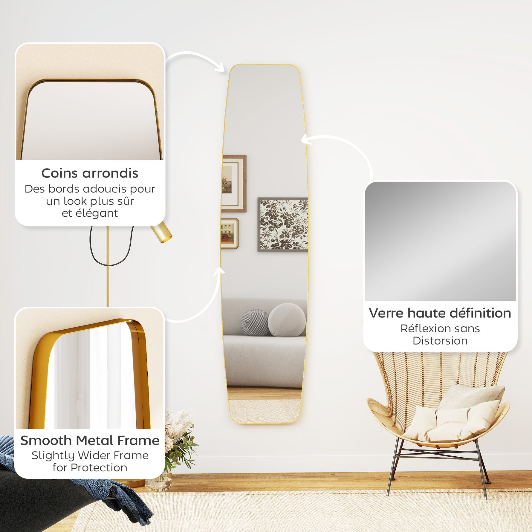 Grand miroir mural ovale 160 x 40 cm, miroir suspendu moderne, cadre en métal et bois, prêt à accrocher, doré