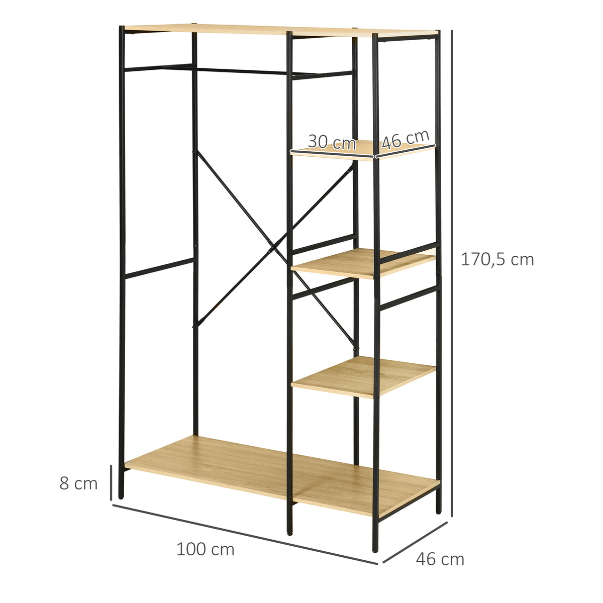 Penderie portant à vêtements style industriel en métal avec tringle et 4 étagères - dim. 100L x 46L x 170,5H cm